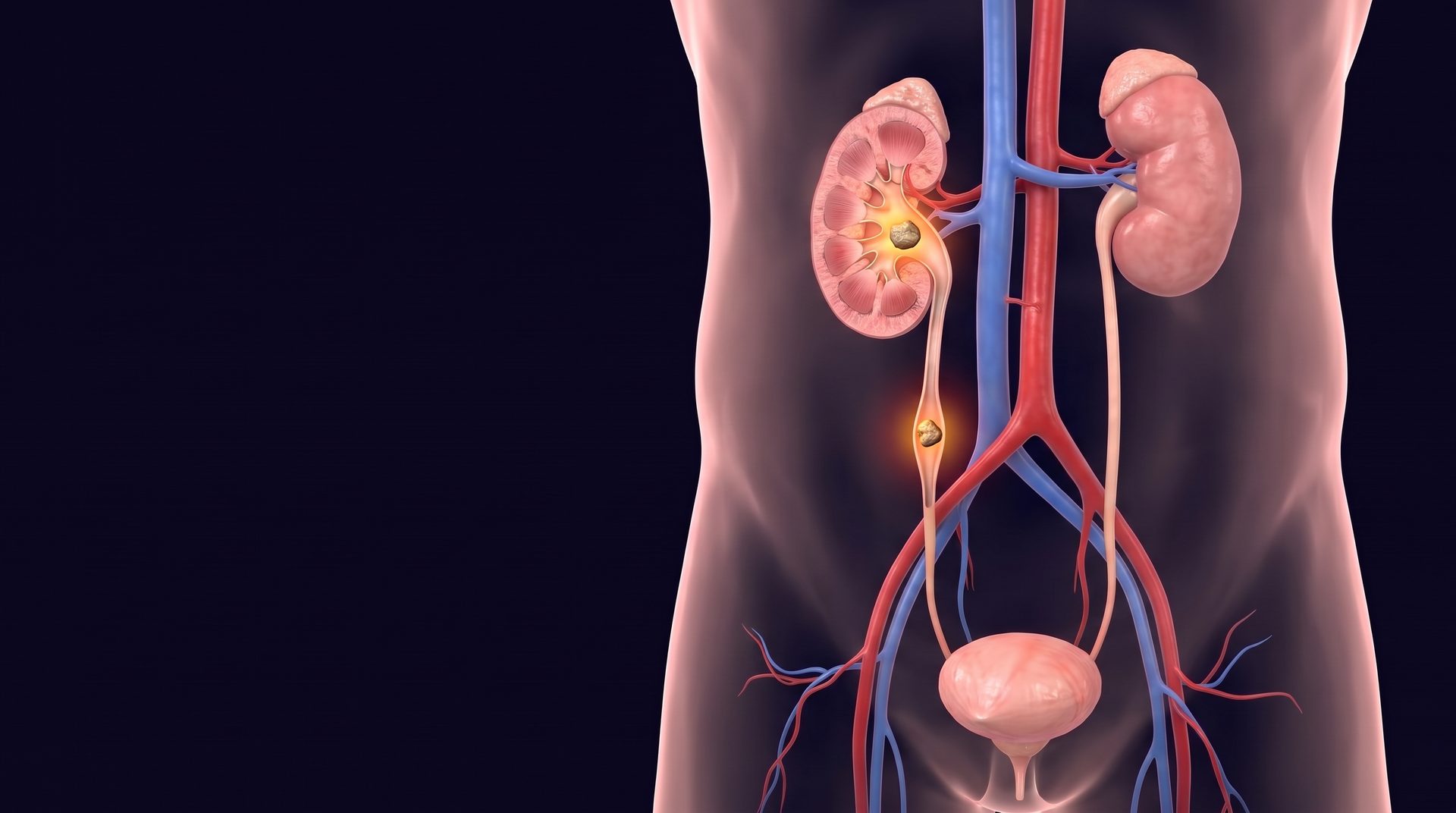 Ilustração médica do sistema urinário com cálculo no rim e no ureter — Dr. Fernando Leone, urologista em BH